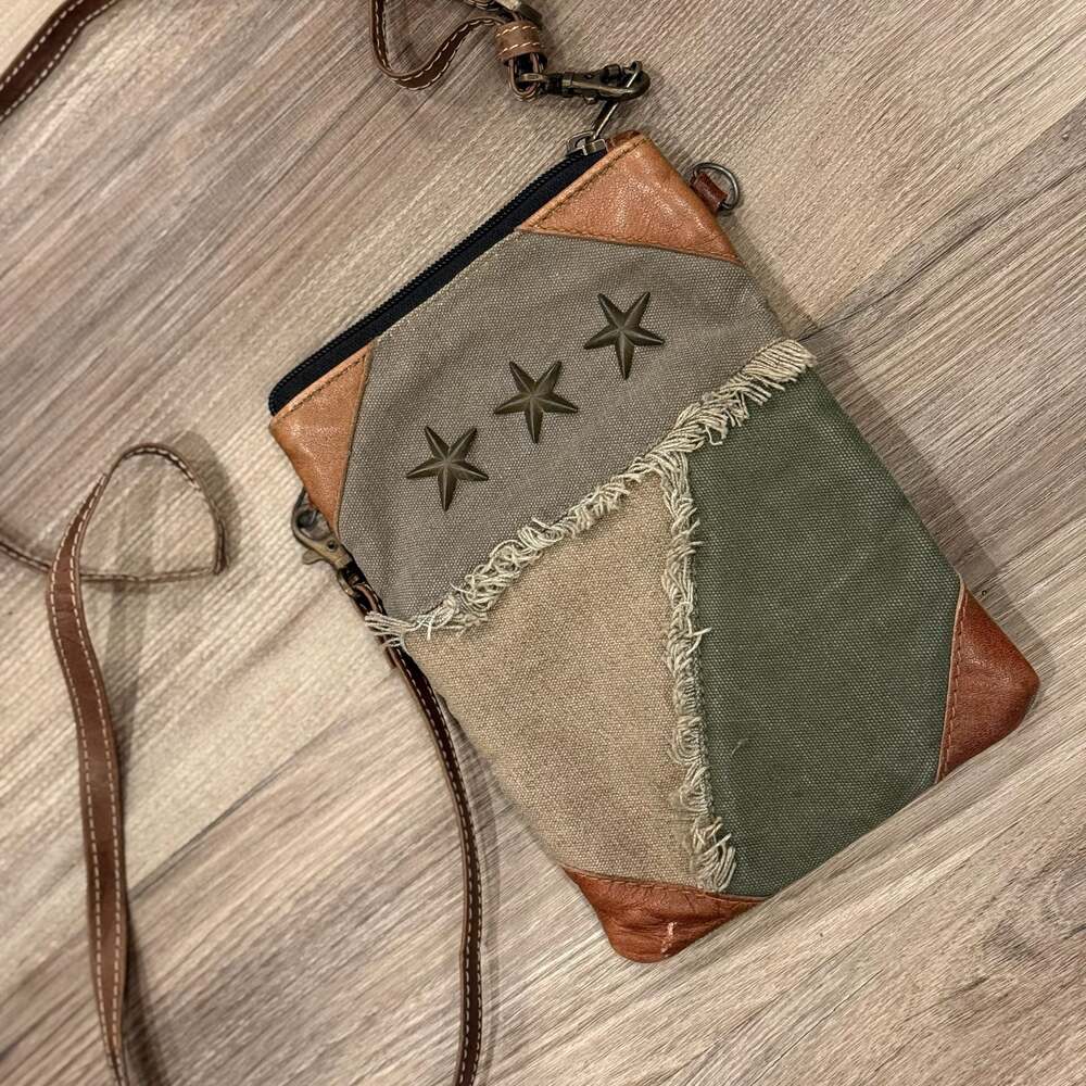 Mona B Upcycled Canvas and Leather Star Crossbody Bag
